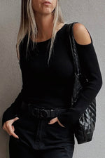 Load image into Gallery viewer, Black Ribbed Knit Cold Shoulder Sweater - Fashion Queen -  4
