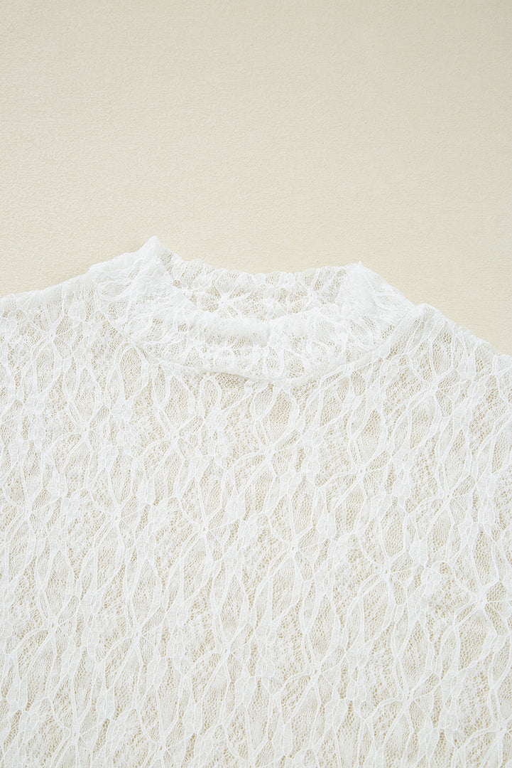 White Sheer Lace Bell Sleeve Mock Neck Blouse - Fashion Queen -  6