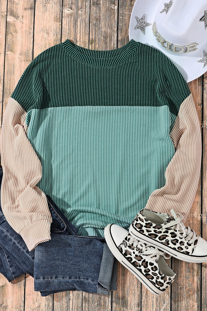 Multicolor Color Block Long Sleeve Ribbed Loose Top - Fashion Queen -  9