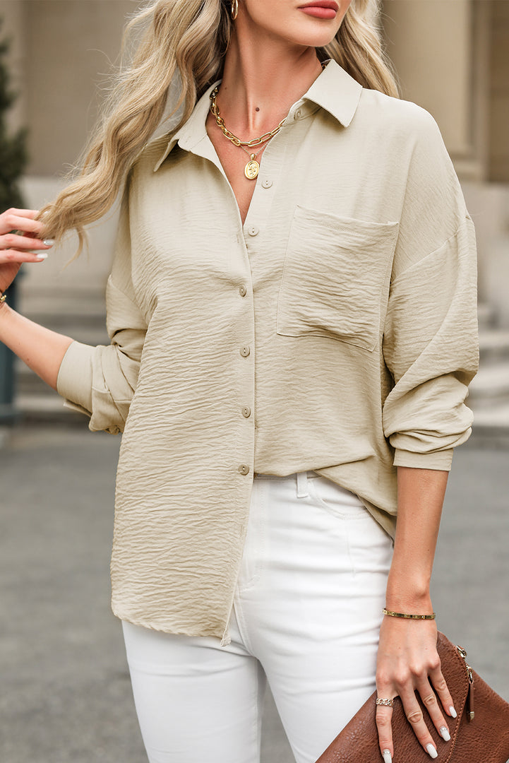 Beige Pure Color Patch Pocket Shirt - Fashion Queen -  1