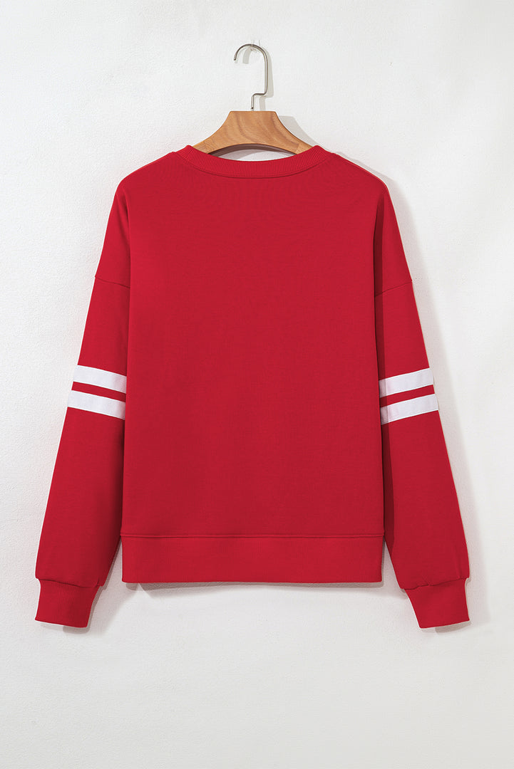 Fiery Red Varsity Striped Detail Drop Shoulder Oversized Sweatshirt - Fashion Queen -  3