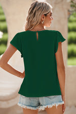 Load image into Gallery viewer, Blackish Green Flounce Sleeve Pleated Textured Blouse
