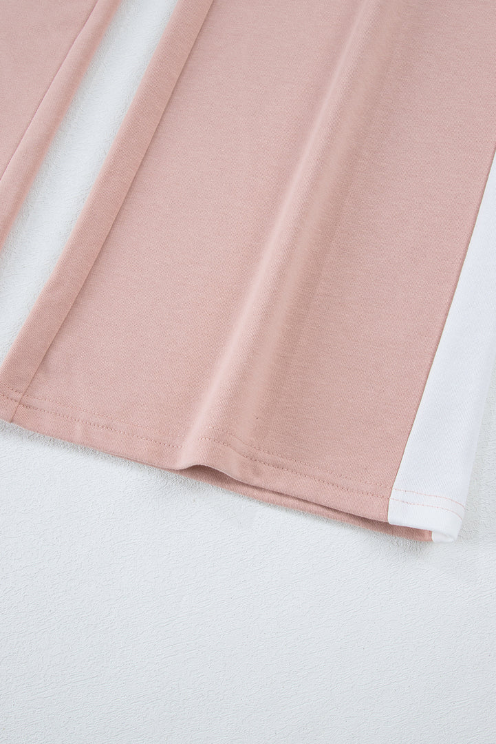 Pink Varsity Stripe Patchwork Puff Sleeve Pullover Drawstring Wide Leg Pant Set