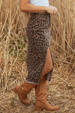 Load image into Gallery viewer, Brown Leopard Denim Frayed Split Denim Midi Skirt
