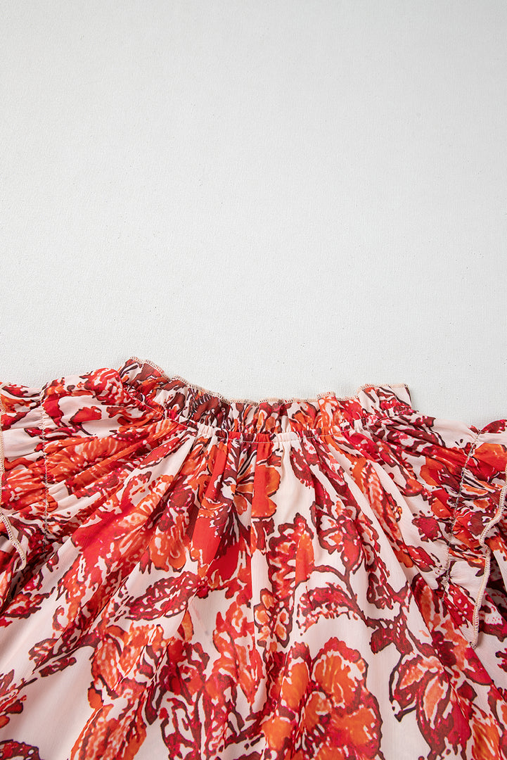 Red Vintage Floral Ruffle Sleeve V Neck Blouse