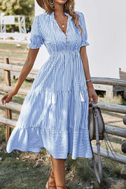 Sky Blue Stripe Button Tassel Tie Detail Frilled Short Sleeve Flared Midi Dress - Fashion Queen -  1