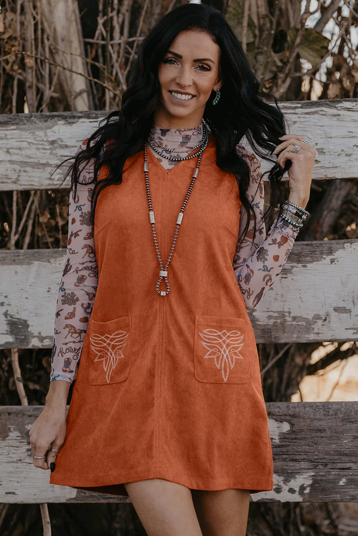 Gold Flame Corduroy Western Embroidered Patched Pocket Shift Sleeveless Mini Dress - Fashion Queen -  3