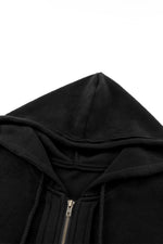 Load image into Gallery viewer, Black Flap Pocket Drawstring Hood Zip Up Jacket
