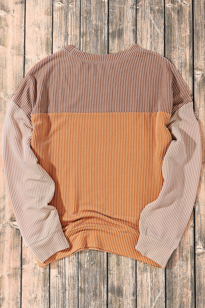 Multicolor Color Block Long Sleeve Ribbed Loose Top