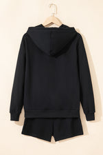 Load image into Gallery viewer, Black Button Drawstring Hooded Pullover and Casual Short Set
