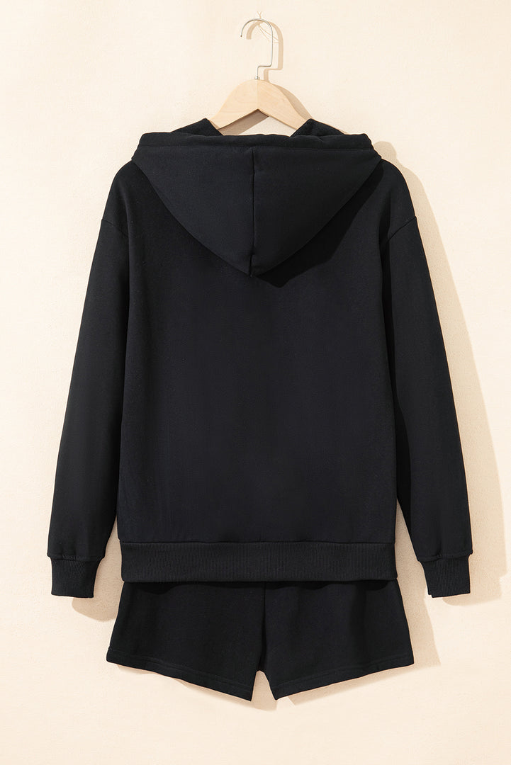 Black Button Drawstring Hooded Pullover and Casual Short Set