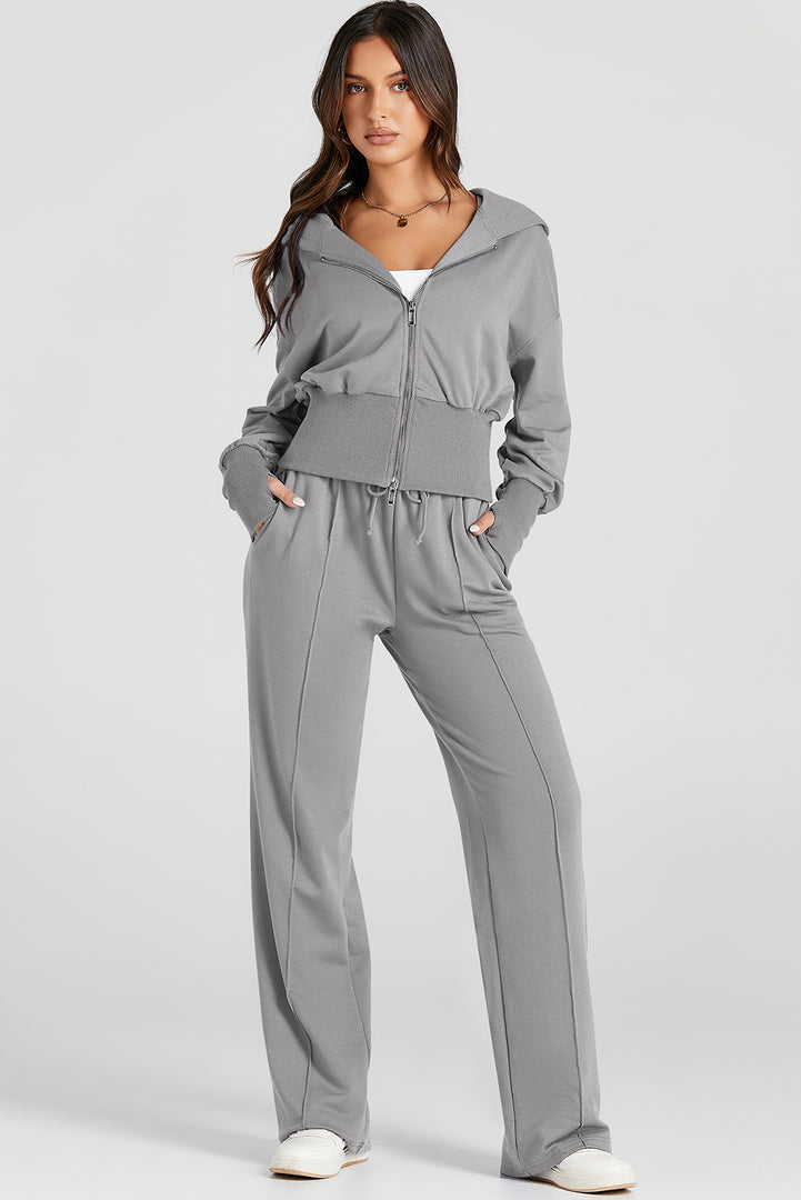 Black Double Zipper Hooded Jacket and Sweatpants Active Set