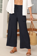 Load image into Gallery viewer, Black Drawstring Frilled Waist Wide Leg Utility Trousers

