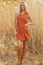 Load image into Gallery viewer, Gold Flame Corduroy Western Embroidered Patched Pocket Shift Sleeveless Mini Dress
