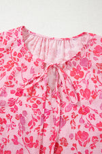 Load image into Gallery viewer, Pink Floral Puff Sleeve Split Neck Lightweight Blouse - Fashion Queen -  6
