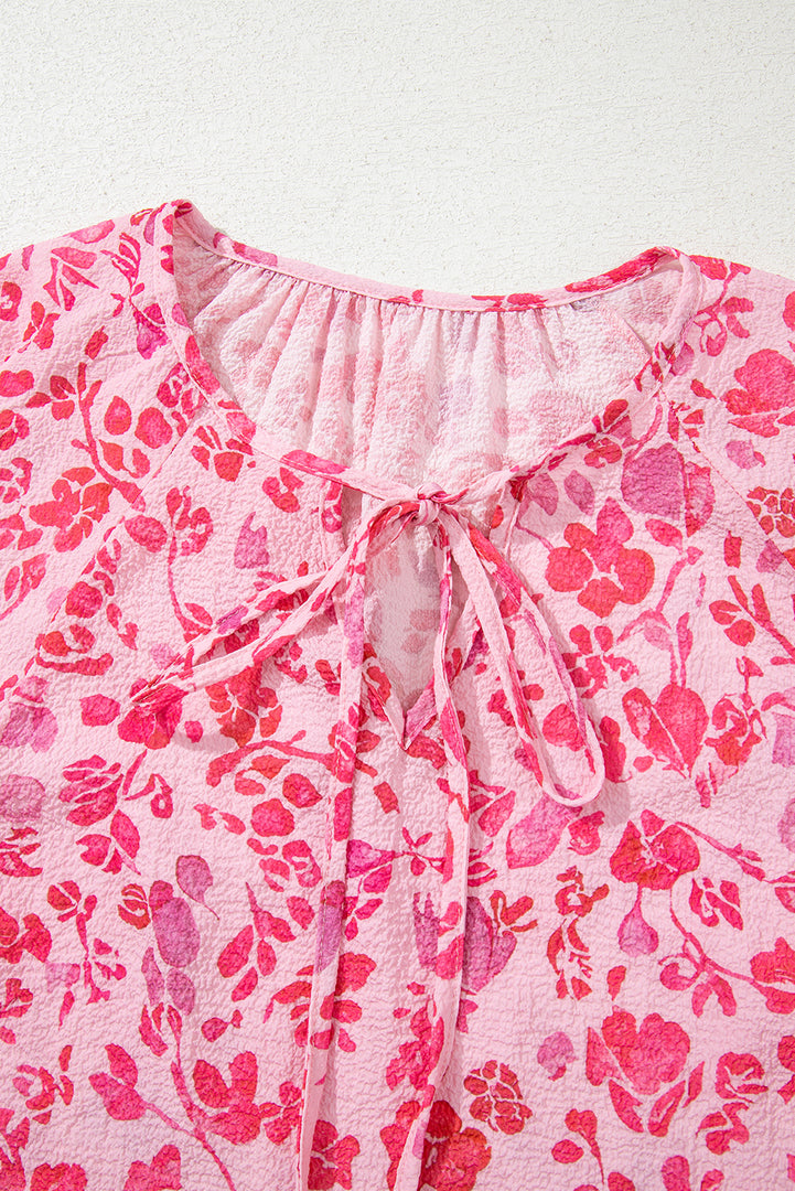 Pink Floral Puff Sleeve Split Neck Lightweight Blouse - Fashion Queen -  6