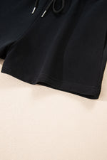 Load image into Gallery viewer, Black Button Drawstring Hooded Pullover and Casual Short Set
