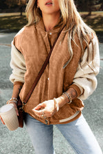Load image into Gallery viewer, Mist Green Corduroy Fleece Patchwork Buttoned Bomber Jacket
