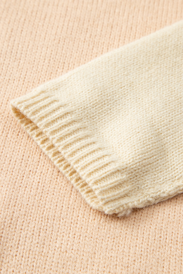 White Color Block Turtle Neck Drop Shoulder Knit Sweater