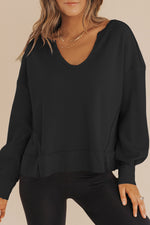 Load image into Gallery viewer, Casual Waffle Knit Notched V Neck Drop Shoulder Solid Sweatshirt
