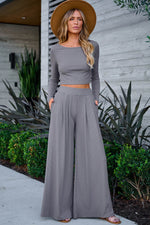 Load image into Gallery viewer, Black Solid Color Ribbed Crop Top Long Pants Set - Fashion Queen
