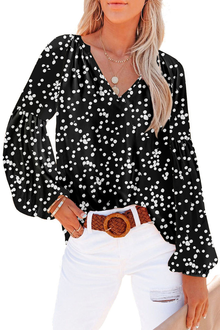 Fiery Red White Floral Print V Neck Long Puff Sleeve Top - Fashion Queen -  19