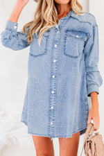 Load image into Gallery viewer, Beau Blue Chest Pocket Raw Hem Denim Loose Shirt Dress
