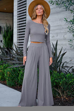 Load image into Gallery viewer, Black Solid Color Ribbed Crop Top Long Pants Set - Fashion Queen

