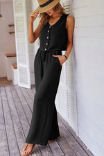 Load image into Gallery viewer, Black Buttoned Vest Drawstring Wide Leg Pants 2pcs Set
