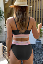 Load image into Gallery viewer, Black Striped Patchwork Spaghetti Strap High Waist Bikini Swimsuit - Fashion Queen -  2
