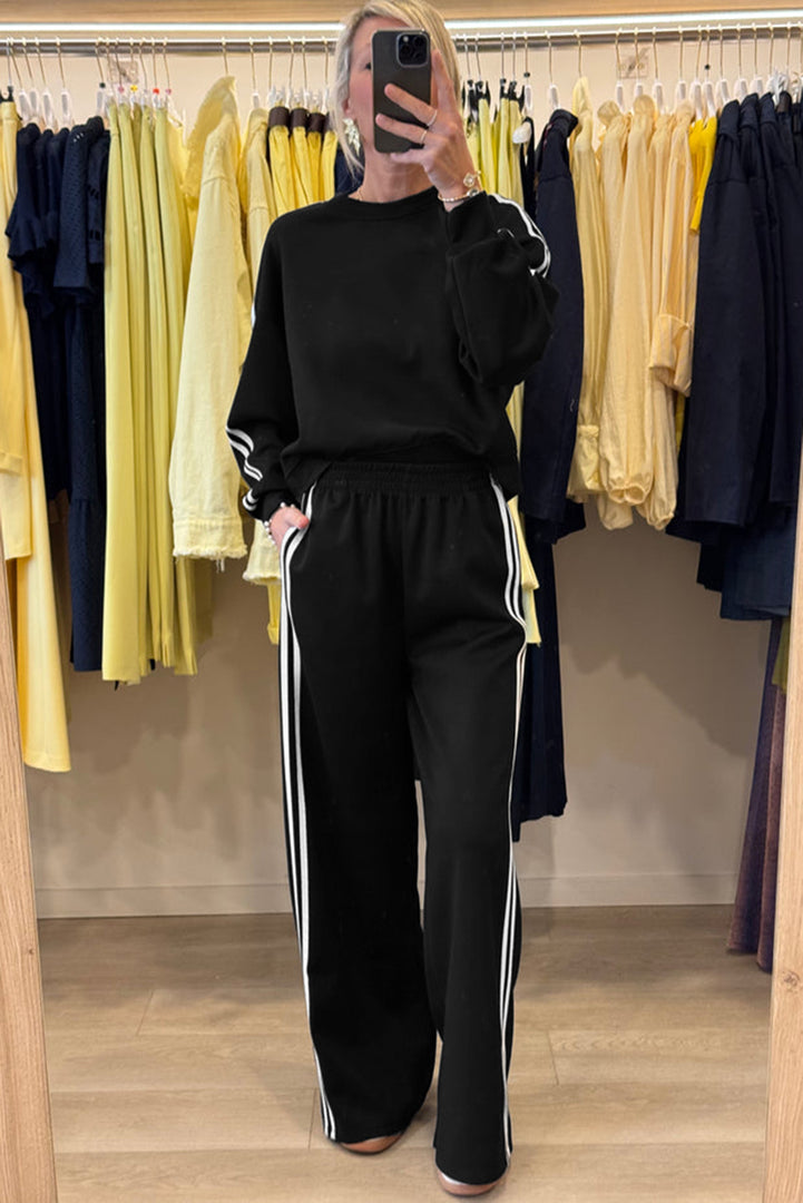 Fiery Red Varsity Striped Detail Crewneck Pullover Elastic Sweatpants 2pcs Outfit