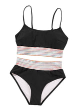 Load image into Gallery viewer, Black Striped Patchwork Spaghetti Strap High Waist Bikini Swimsuit - Fashion Queen -  22
