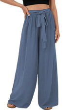 Load image into Gallery viewer, Sail Blue High Waisted Tie Front Side Pocket Wide Leg Flowy Casual Pants
