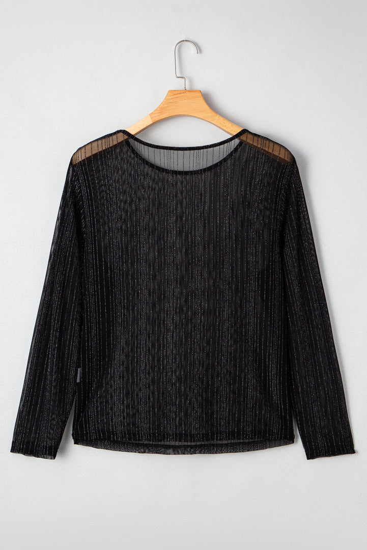 Black Plus Size Shimmer Textured Mesh Fitted Long Sleeve Top