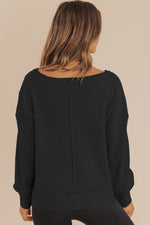 Load image into Gallery viewer, Casual Waffle Knit Notched V Neck Drop Shoulder Solid Sweatshirt
