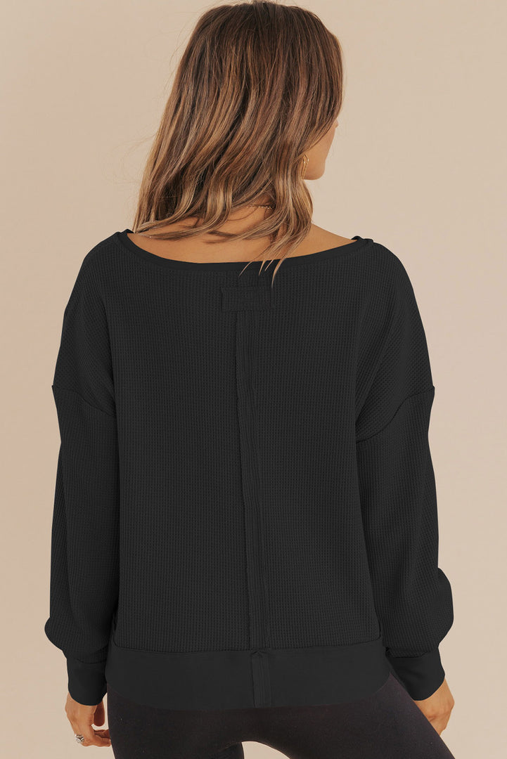 Casual Waffle Knit Notched V Neck Drop Shoulder Solid Sweatshirt