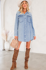 Load image into Gallery viewer, Beau Blue Chest Pocket Raw Hem Denim Loose Shirt Dress
