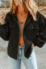 Load image into Gallery viewer, Black Flap Pocket Drawstring Hood Zip Up Jacket
