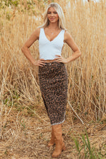 Load image into Gallery viewer, Brown Leopard Denim Frayed Split Denim Midi Skirt
