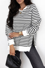 Load image into Gallery viewer, Black Stripe Raglan Sleeve Side Slits Loose Sweatshirt
