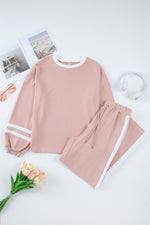 Load image into Gallery viewer, Pink Varsity Stripe Patchwork Puff Sleeve Pullover Drawstring Wide Leg Pant Set
