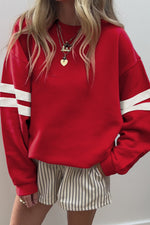 Load image into Gallery viewer, Fiery Red Varsity Striped Detail Drop Shoulder Oversized Sweatshirt - Fashion Queen -  1
