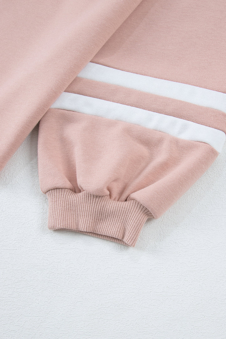 Pink Varsity Stripe Patchwork Puff Sleeve Pullover Drawstring Wide Leg Pant Set