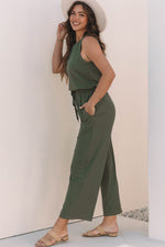 Load image into Gallery viewer, Vineyard Green Buttoned Drawstring Waist Sleeveless Wide Leg Jumpsuit
