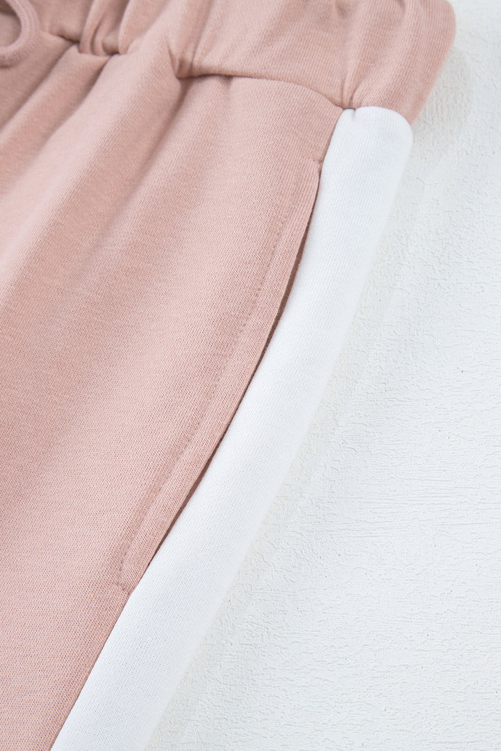 Pink Varsity Stripe Patchwork Puff Sleeve Pullover Drawstring Wide Leg Pant Set