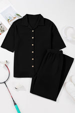 Load image into Gallery viewer, Black Solid Color Textured Buttoned Shirt and Casual Pants Set
