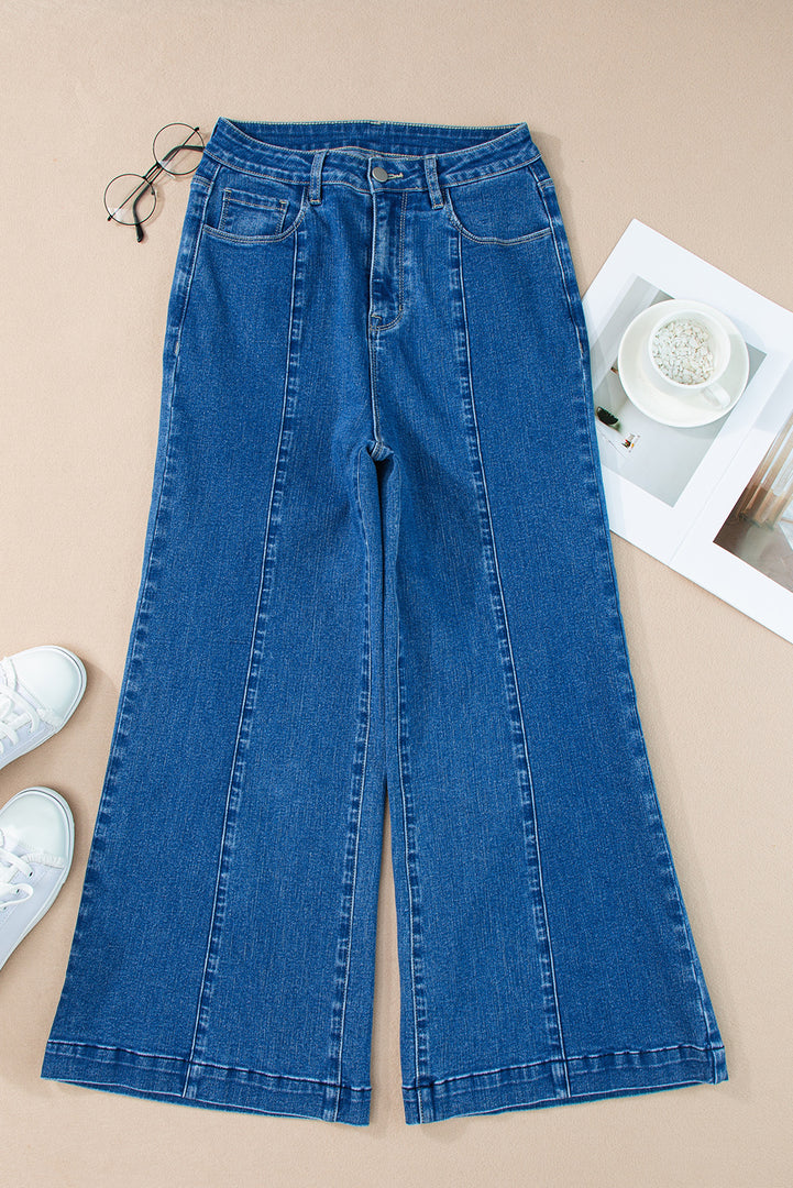 Dark Blue Plain Seam Detail Flared Bottom Ankle Length Jeans - Fashion Queen -  18