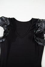 Load image into Gallery viewer, Black Leatherette Ruffle Patchwork Ribbed V Neck Bodysuit
