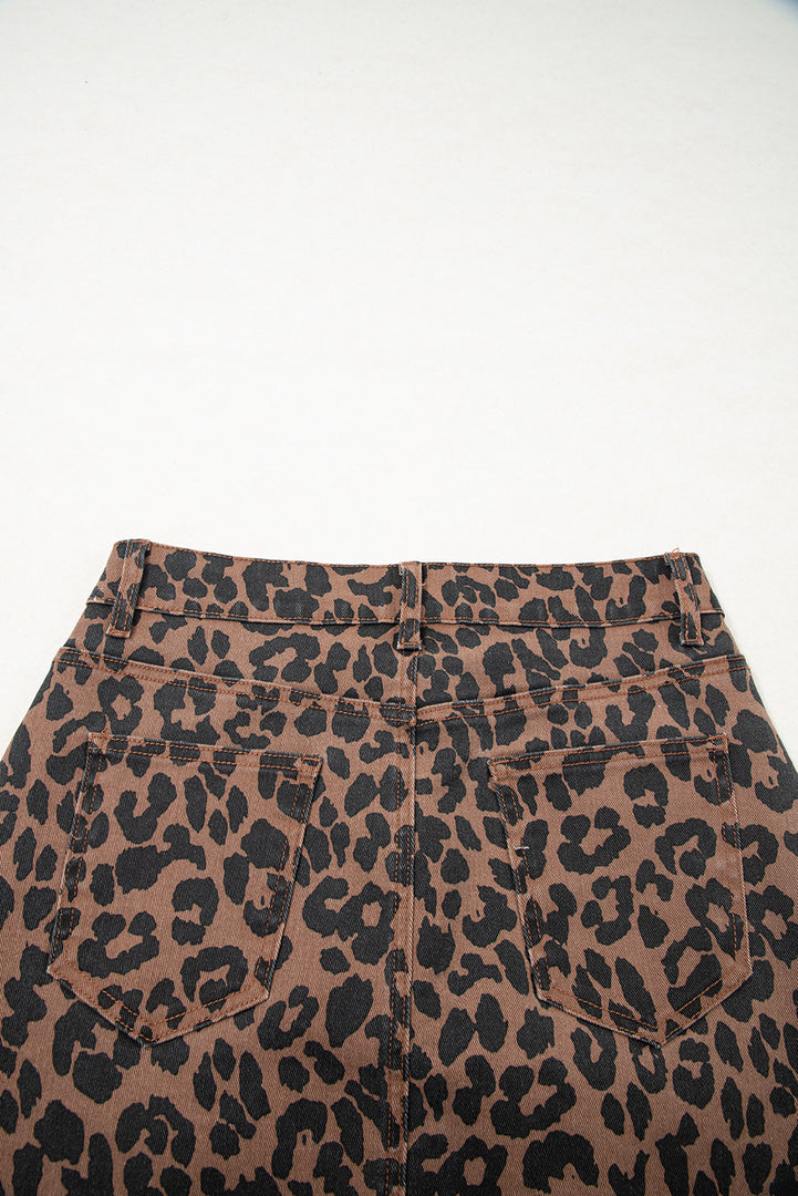 Brown Leopard Denim Frayed Split Denim Midi Skirt - Fashion Queen -  9