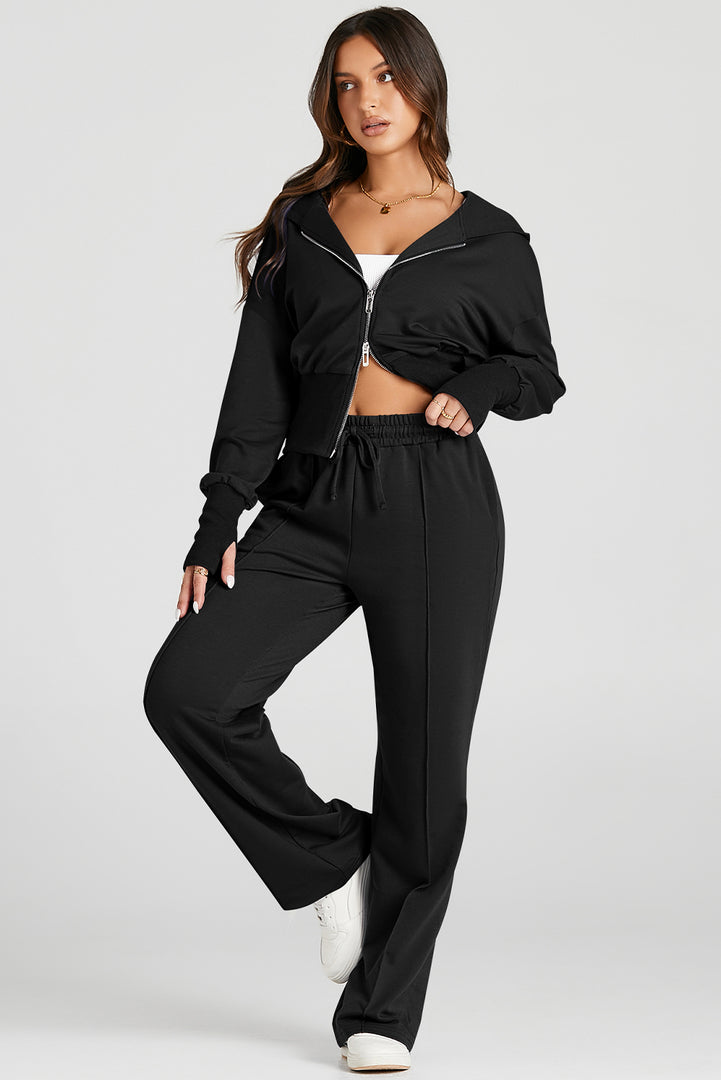 Black Double Zipper Hooded Jacket and Sweatpants Active Set